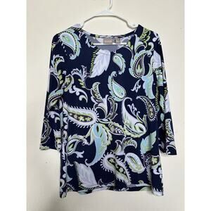 Chicos Size 1 US 8 Paisley Stretch Blouse 3/4 Sleeves Career Casual Blue